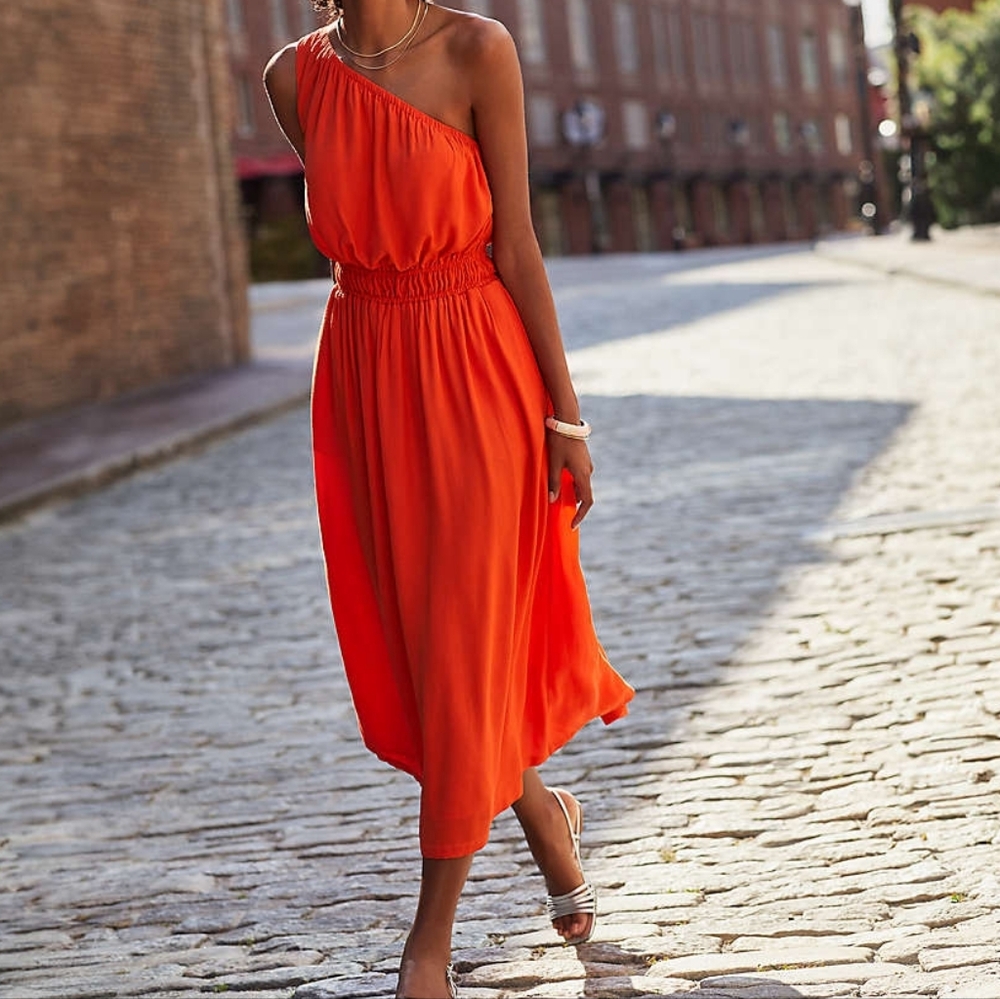 1X Land's End One Shoulder Crepe Midi Dress in Rich Persimmon